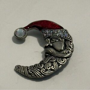 Whimsical Christmas Holiday Santa Crescent Moon Rhinestone Brooch Pin